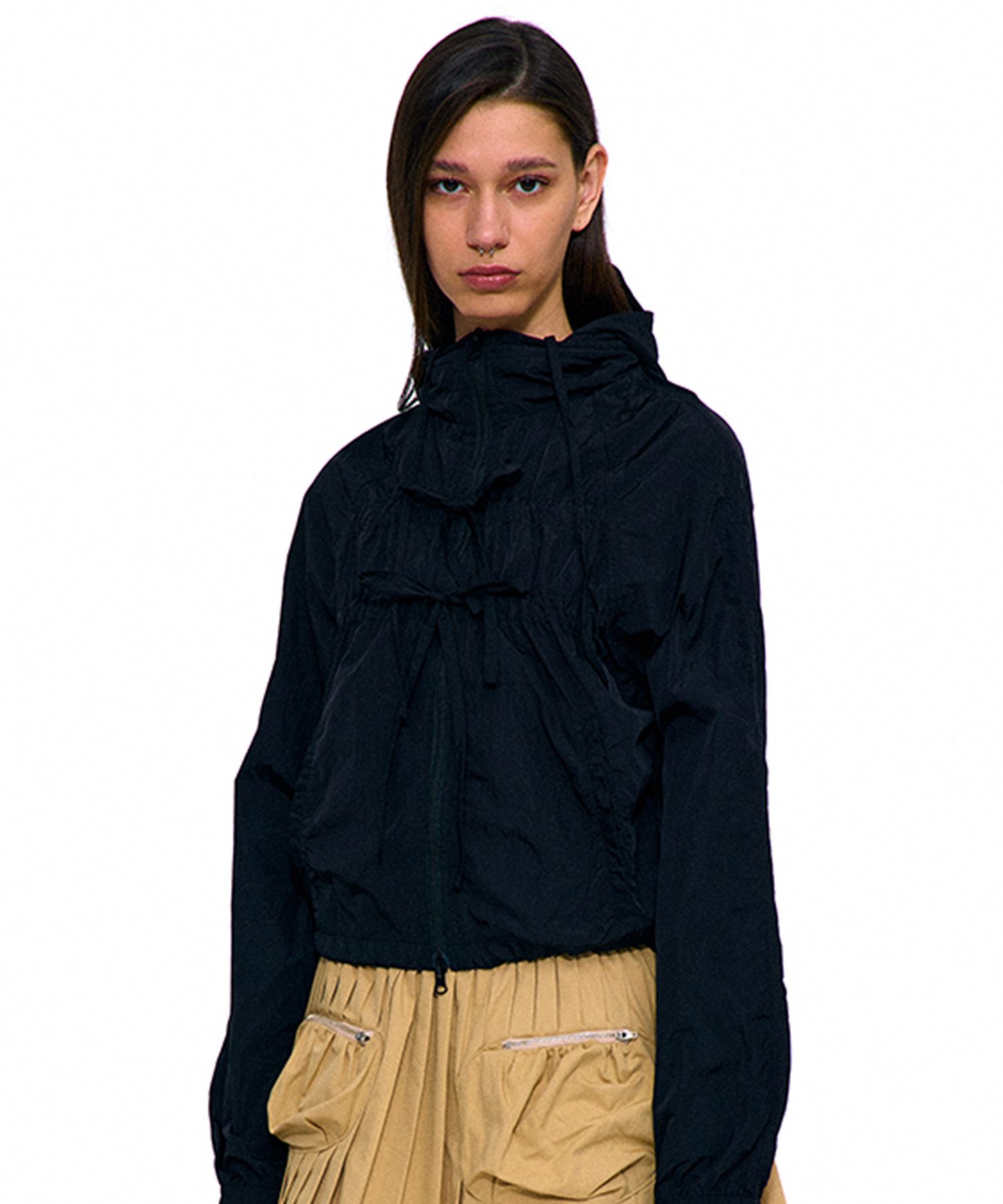 MUSINSA | PARTIMENTO WOMEN Sheer Ribbon Shirring Hoody Jacket_Black