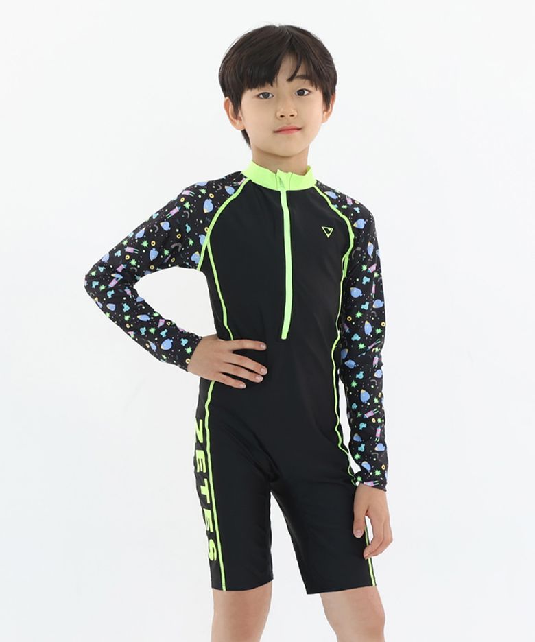 남아동 올인원 집업 긴팔 5부 래쉬가드 수영복 FISH BK B_1O071