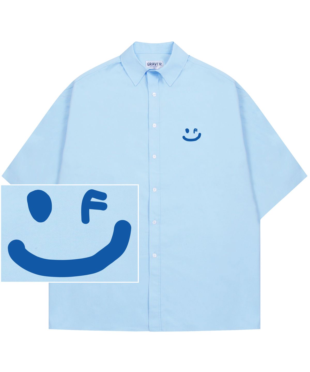 그레이버(GRAVER) [UNISEX]스몰 드로잉스마일 오버핏 반팔셔츠_스카이블루