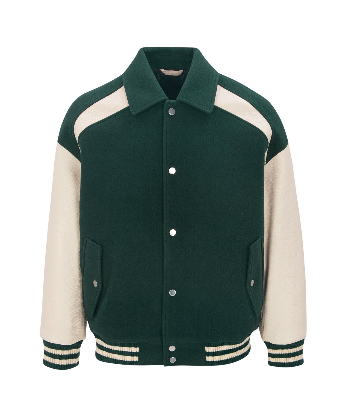 언지미크(UNGIMMICK) LEATHER SLEEVE STADIUM JACKET (GREEN/IVORY)