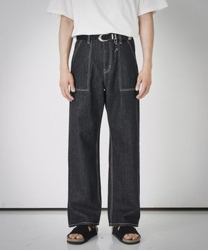 스티치 로우 데님 팬츠 [와이드핏]