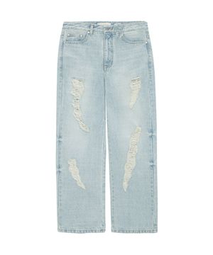 UNBALANCED DAMAGED DENIM PANTS (LIGHT BLUE)