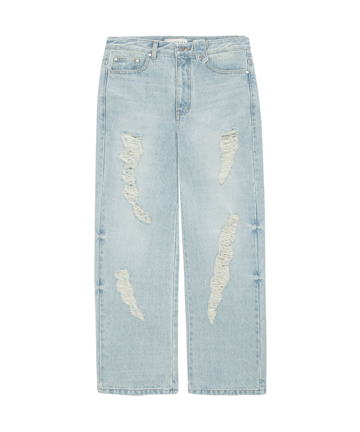 언지미크(UNGIMMICK) UNBALANCED DAMAGED DENIM PANTS (LIGHT BLUE)