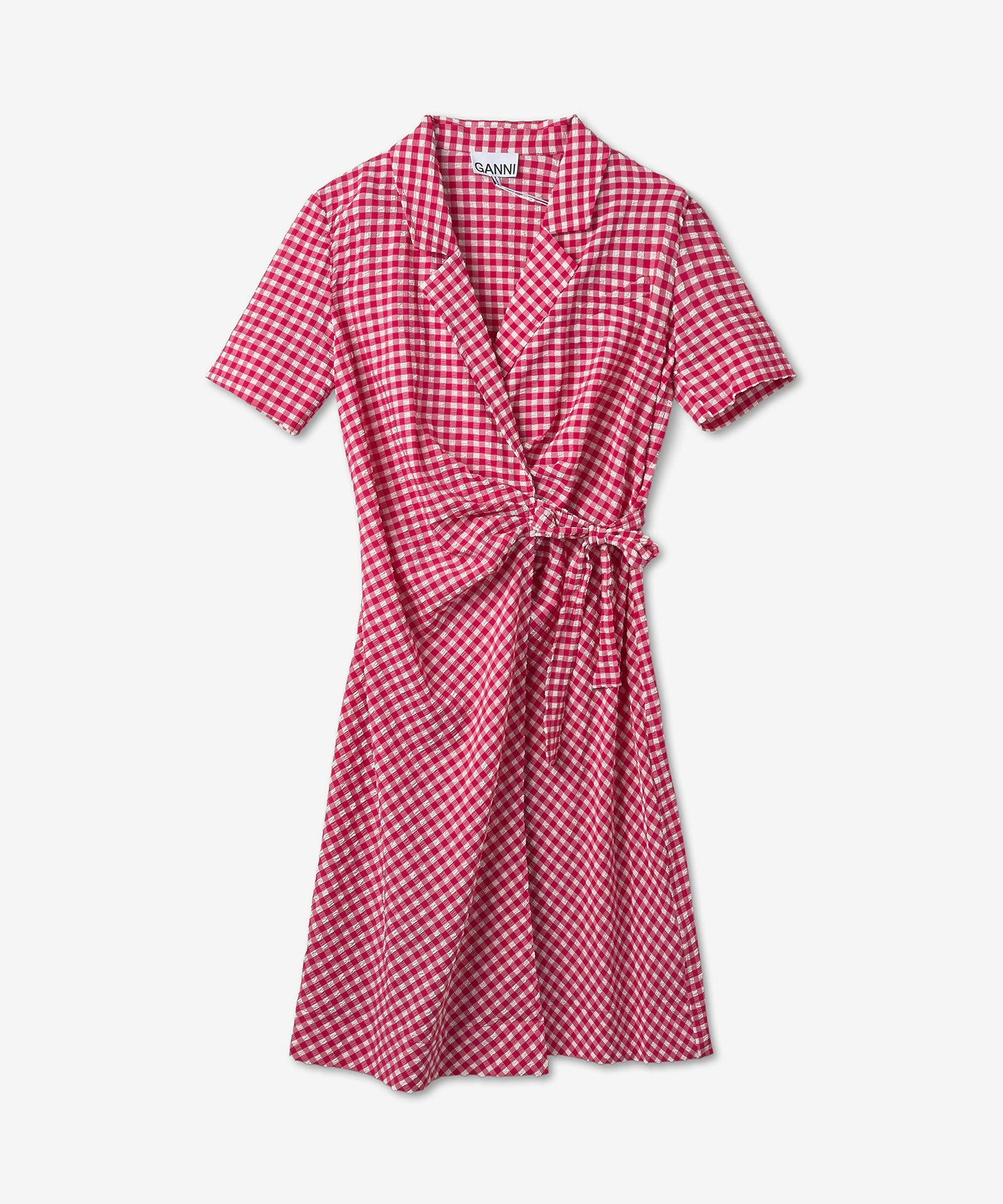 ★Ganni★ Stretch seersucker wrap dress Lovemotion F7663487 MUSINSA | GANNI Stretch Sicher Wrap Dress - Love Motion