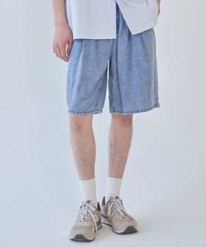 린넨 데님 와이드 투턱 버뮤다 팬츠 라이트 블루