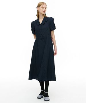 크링클 볼륨 카라 드레스_네이비