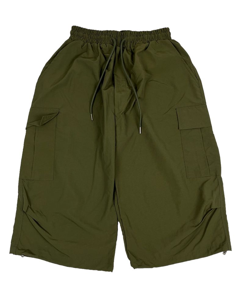 Nylon Cargo Wide Long Half Pants Khaki