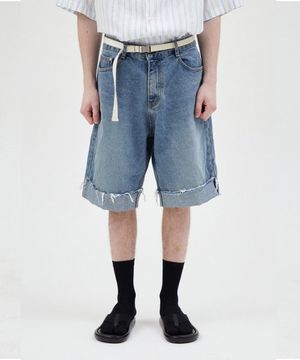 RAW TURN-UP SHORT JEANS - MID BLUE