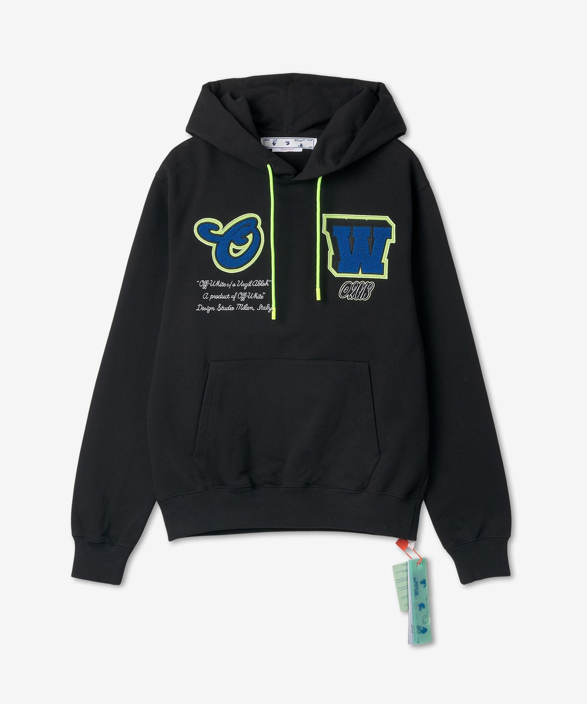 오프화이트(OFF-WHITE) 바시티 패치 슬림 후디 - 블랙 / OMBB097S23FLE0091069
