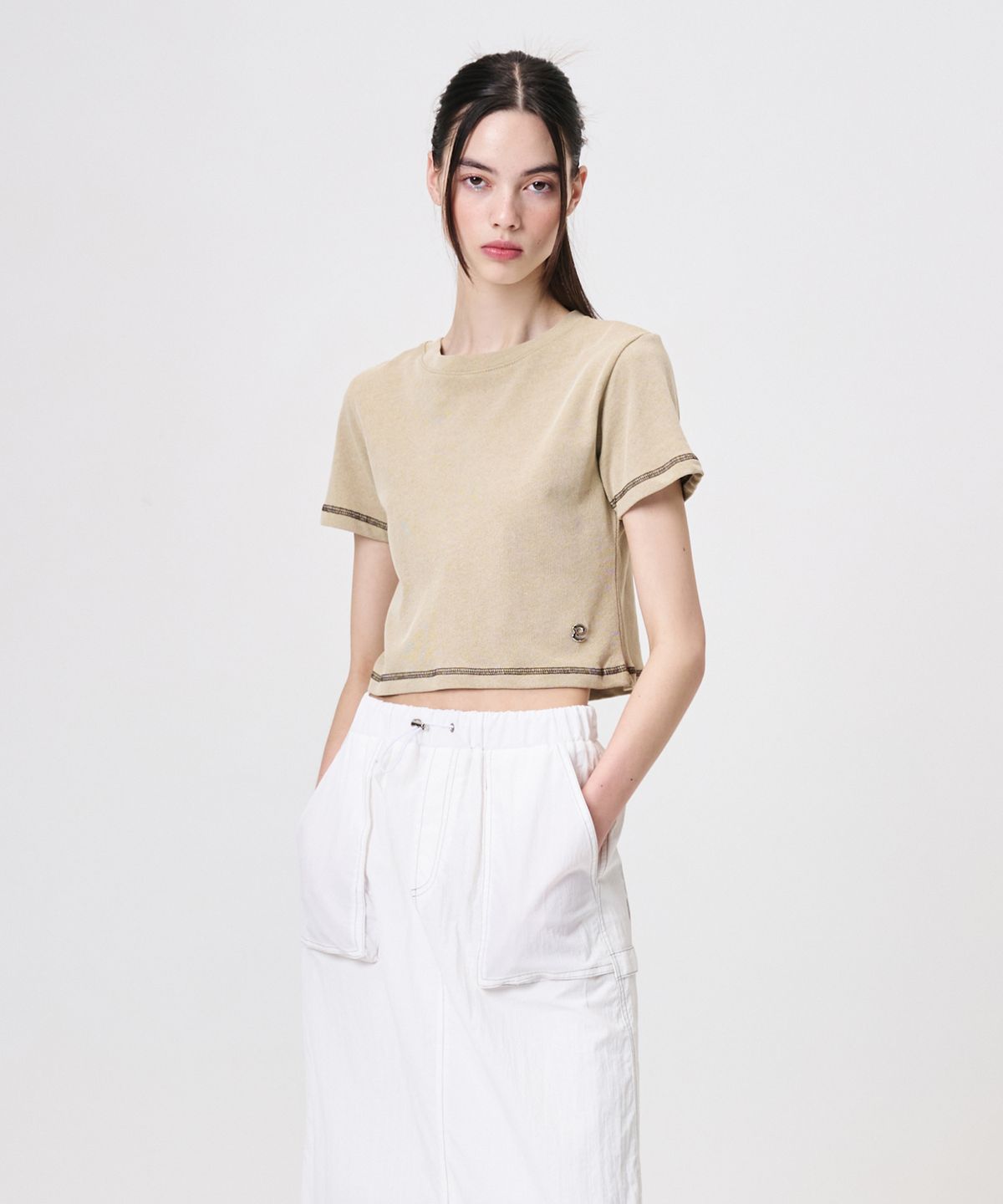 에트몽(ETMON) Pigment Stitch Detail T-Shirt, Khaki