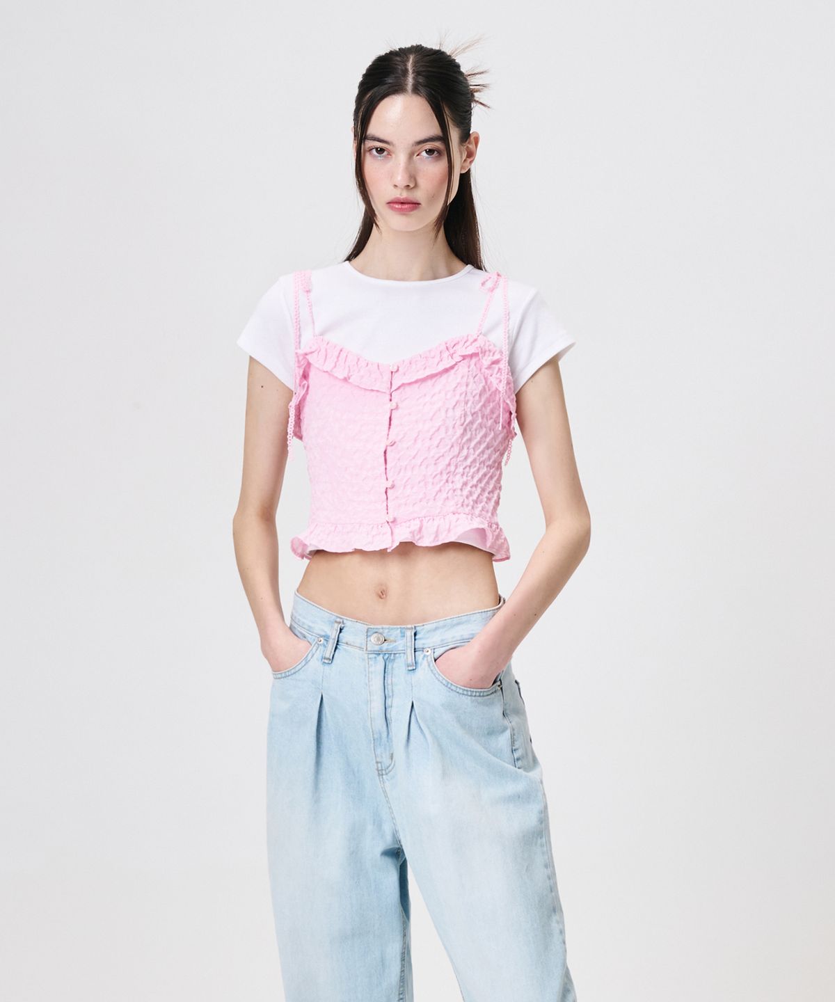 에트몽(ETMON) Frill Button Sleeveless Blouse, Pink