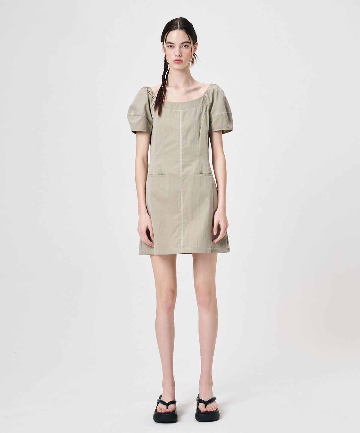 에트몽(ETMON) Stitch Puff Mini Dress, Light Khaki