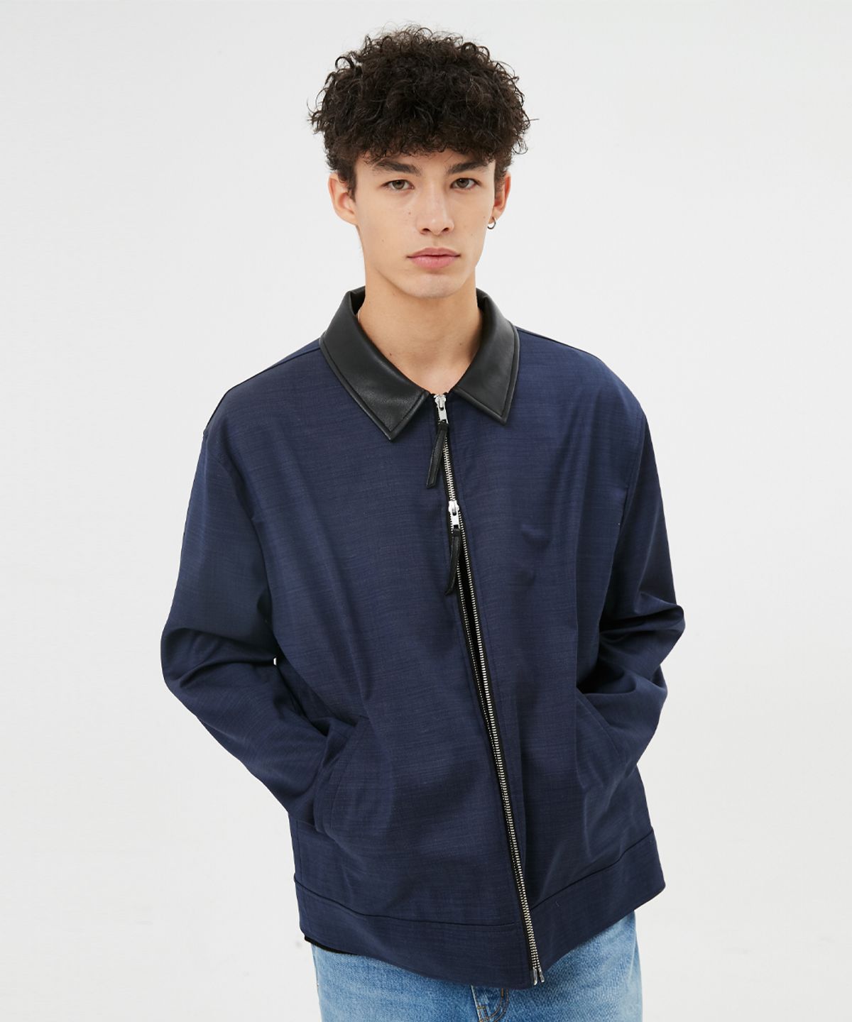 문선(MOONSUN) UNISEX, Leather Collar 2-Way Zip Shirt Jacket / Navy