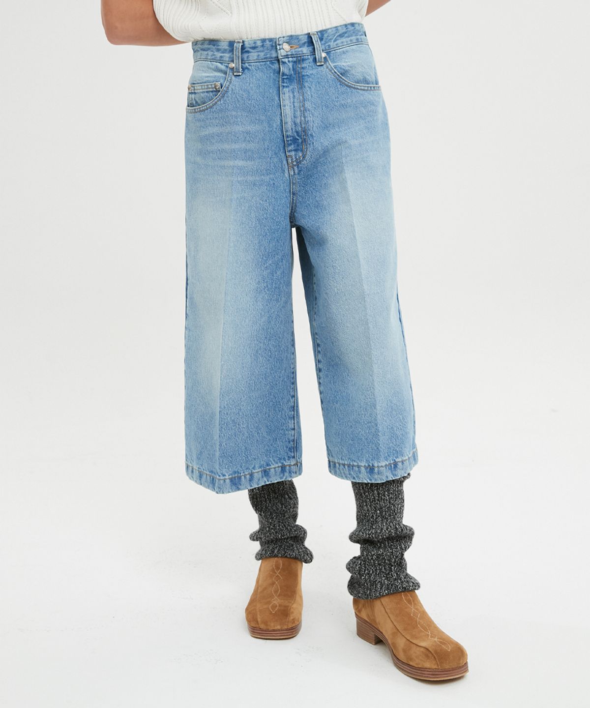 문선 아카이브(MOONSUN ARCHIVE) For men, Crochet Patch Culotte Denim Pants / Indigo Medium Wash