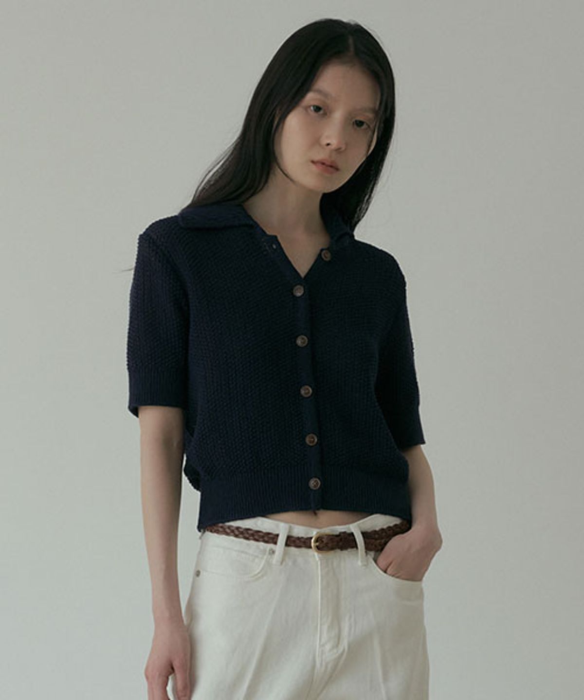 링서울(LINGSEOUL) open collar cotton knit-navy