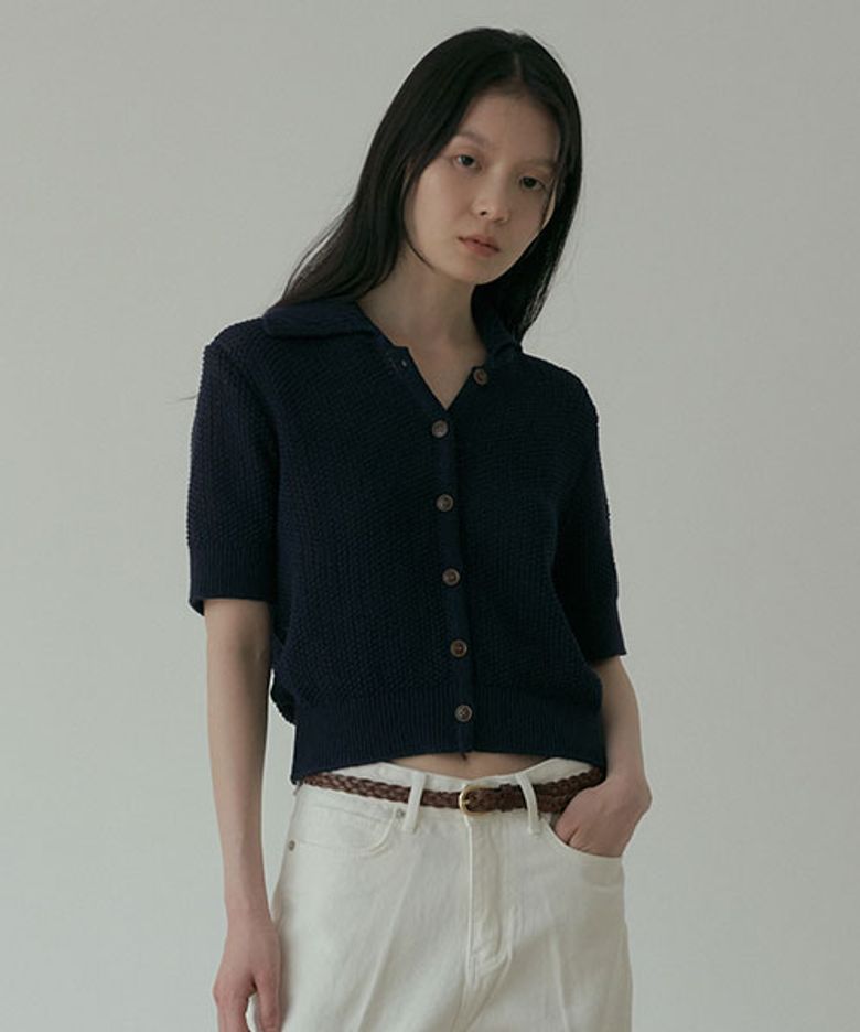 open collar cotton knit-navy