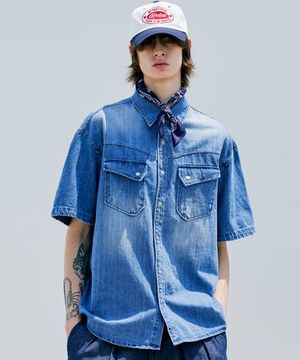 웨스턴 워시드 데님 루즈핏 셔츠 블루