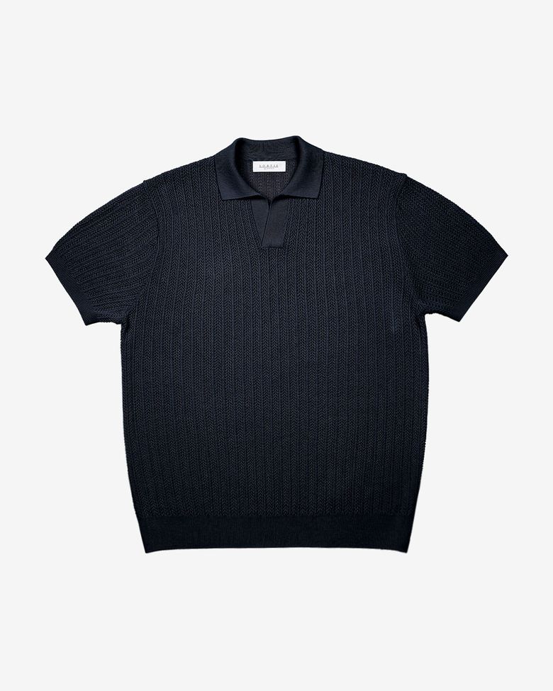 Mesh Mixed Cable Open Collar Knit (Dark Navy)