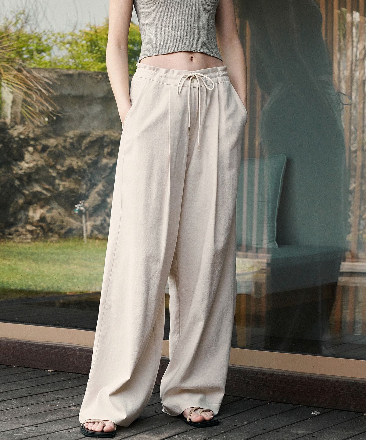 니브(NEEV) String Linen Wide Pants (Beige)