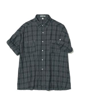 링클 체크 박시 오버핏 롤업 하프 셔츠 다크 네이비