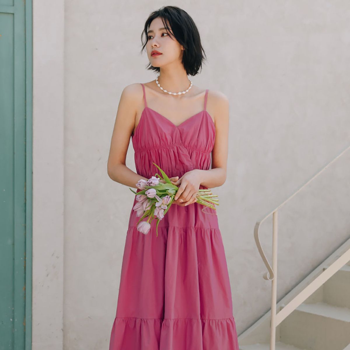 랭썬(LANGSON) LS_Pink tube top v neck dress