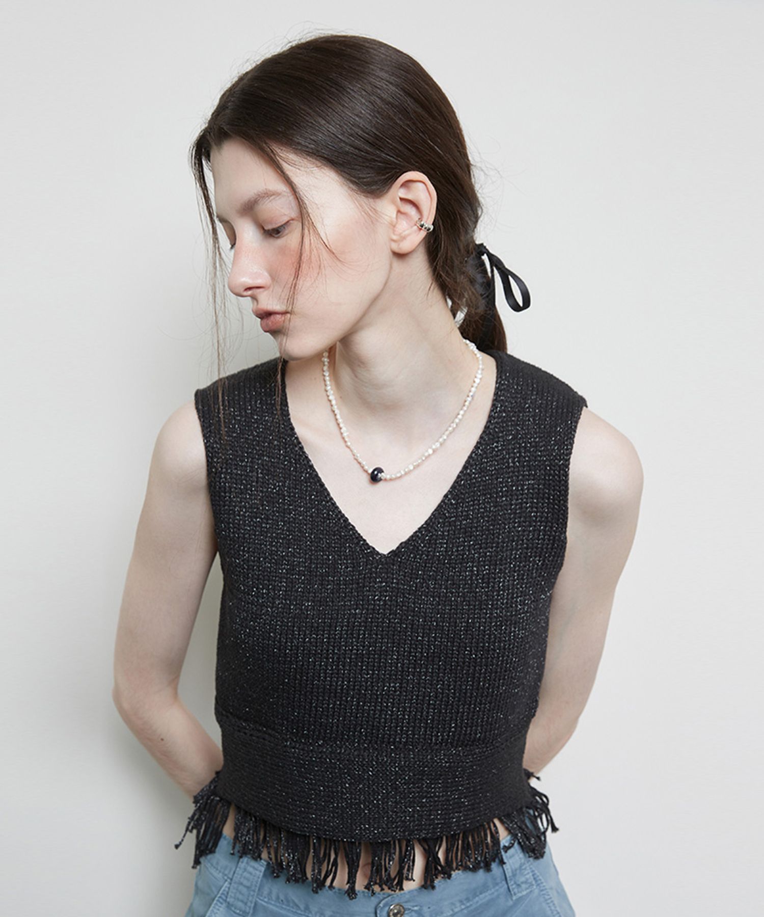 MUSINSA | LARTIGENT L3 FRINGE KNIT BUSTIER(BLACK)