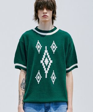 나바호 패턴 루즈핏 링거 하프 니트 피콕그린