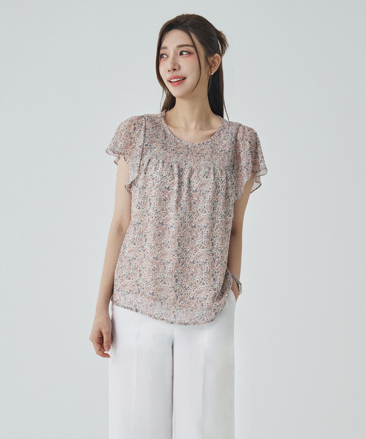 숲(SOUP) 프론트 스모킹 반팔 블라우스(SZ5SS34)