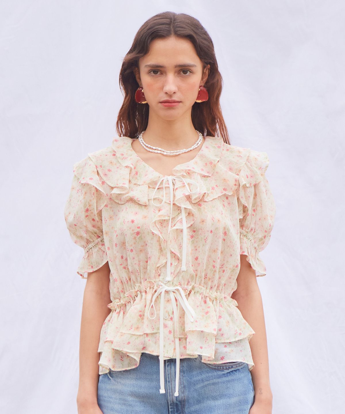 바이탈싸인(VITALSIGN) Frill Chiffon Ribbon Blouse (Flower)