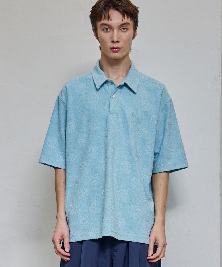 FLOWER TERRY COLLAR T-SHIRT (CYAN BLUE)