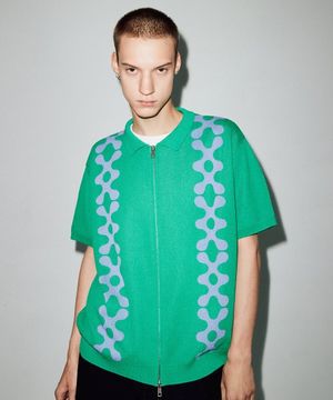 투톤 그래픽 카라 집업 반팔 니트 그린