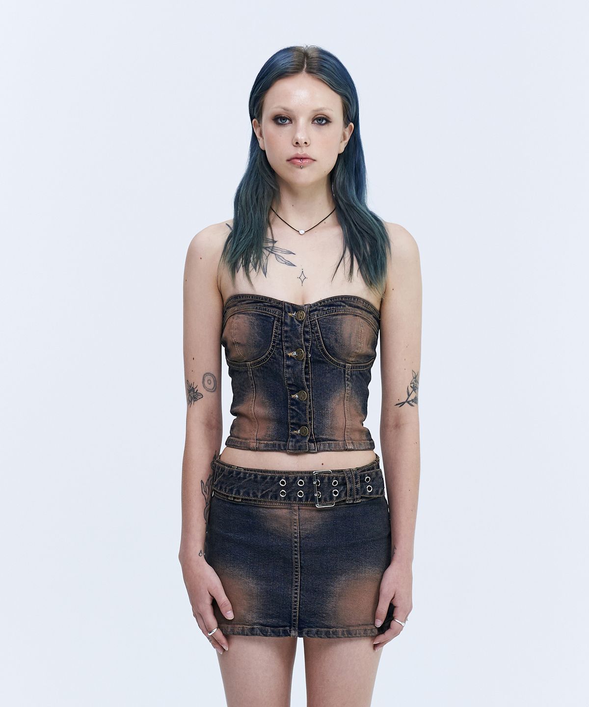 락케이크(ROCKCAKE) Washing Denim Tube Top - Brown