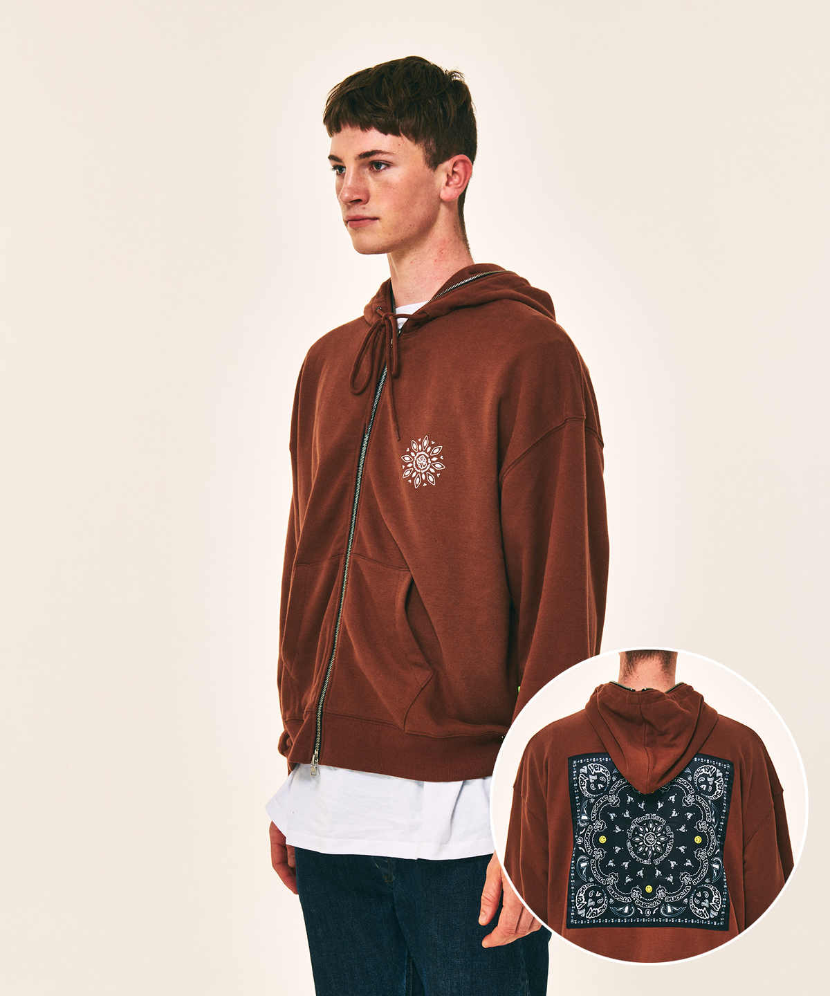 벌스원(VERSE ONE) PAISLEY LOGO BANDANA FULL ZIP HOODIE BROWN/BLACK