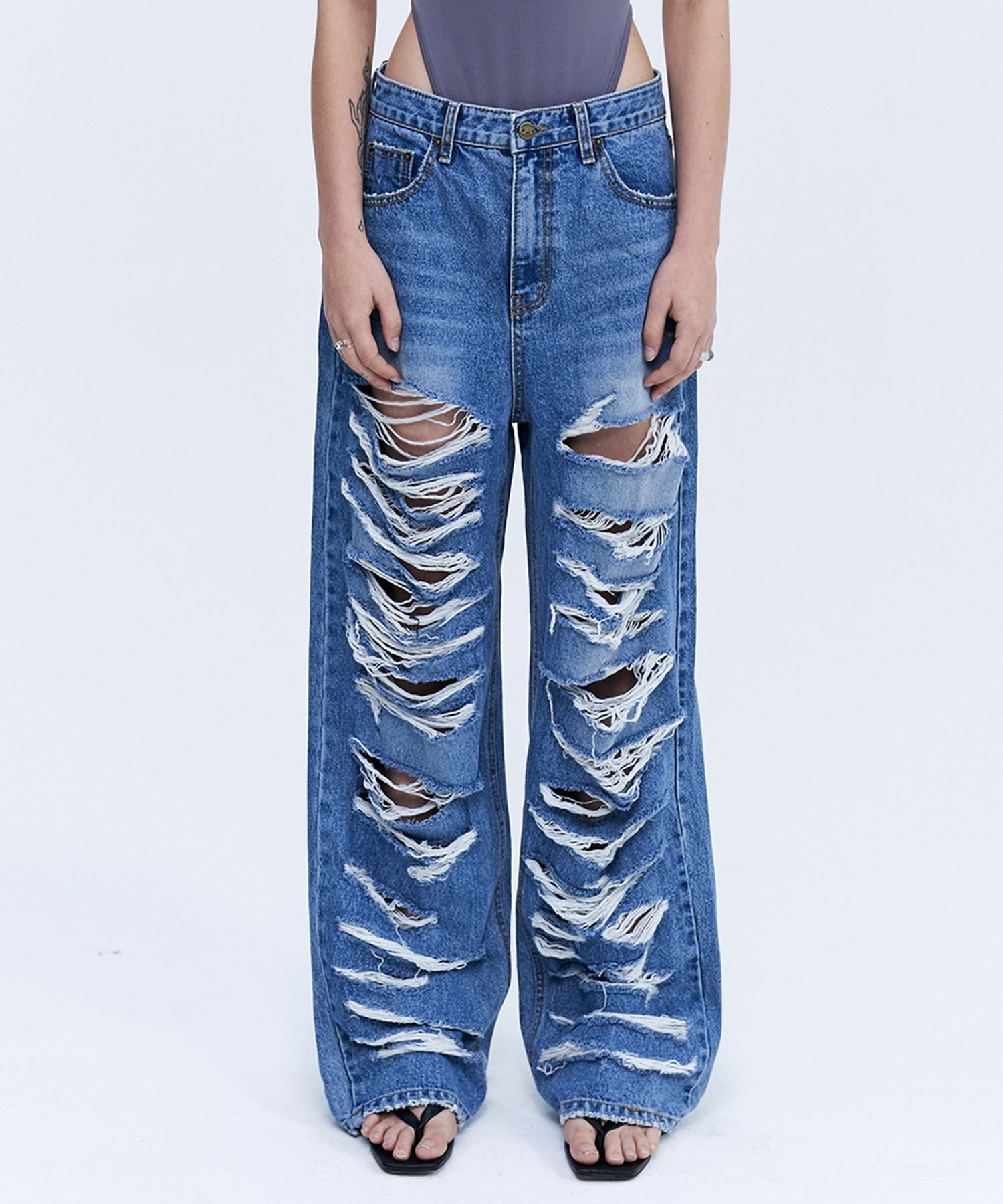 MUSINSA | ROCKCAKE Pia Damage Wide Jeans - Blue