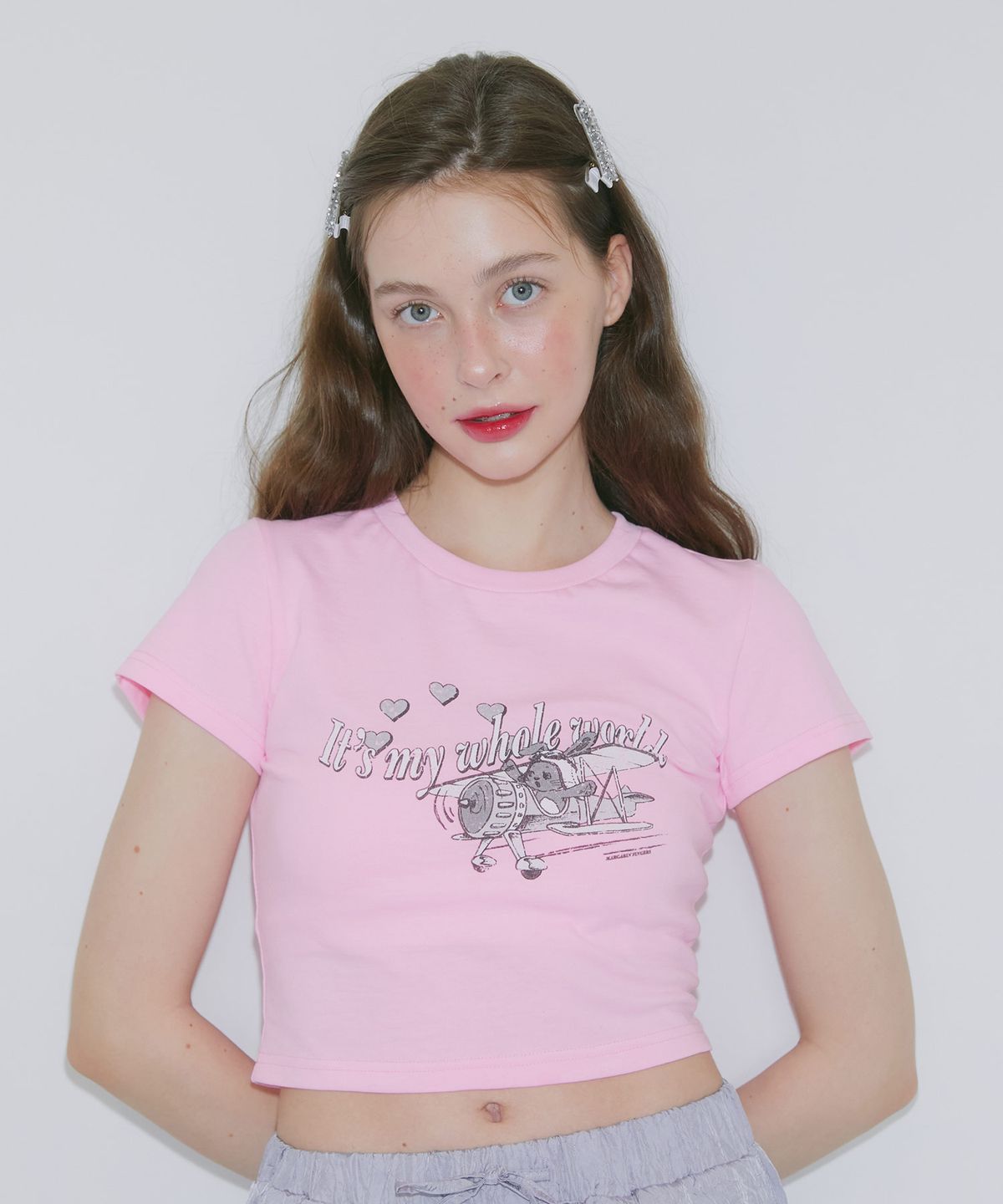마가린핑거스(MARGARIN FINGERS) FLYING BUNNY CROP T SHIRT (LIGHT PINK)