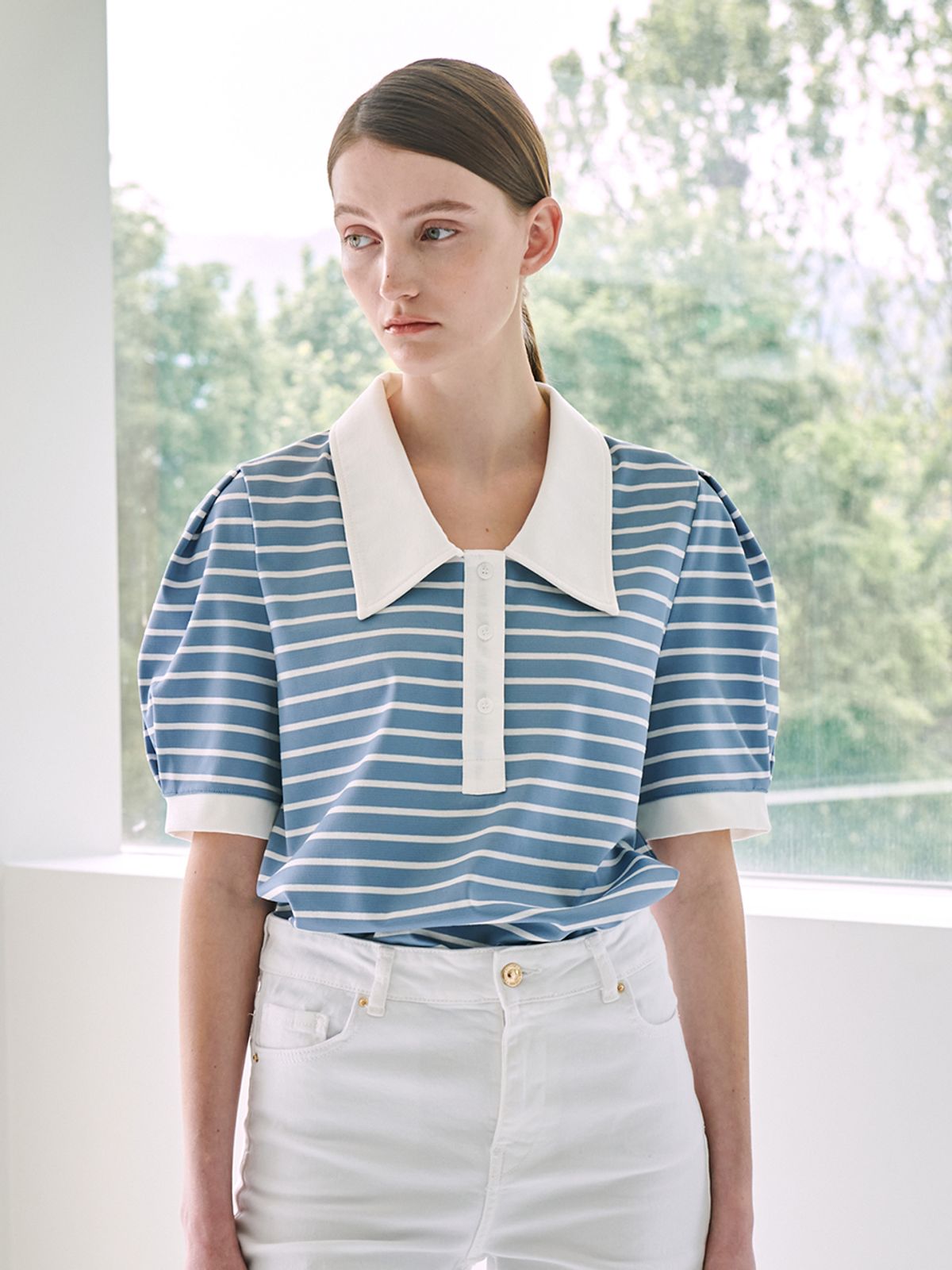 누브(NOUVE) Stripe Puff Collar T-Shirt - Sky Blue