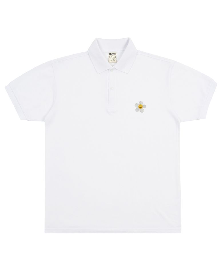 [UNISEX]플라워도트 자수 화이트 클립 피케 반팔티셔츠_화이트
