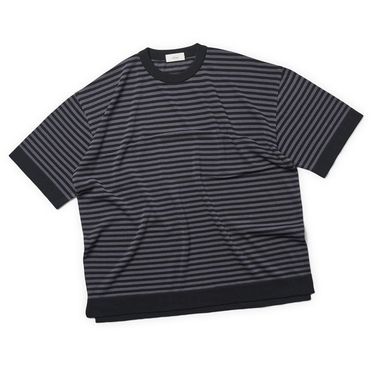 베르노(VERNO) [Casual] Linen Like Short Sleeve Stripe Round Knit Black&Grey