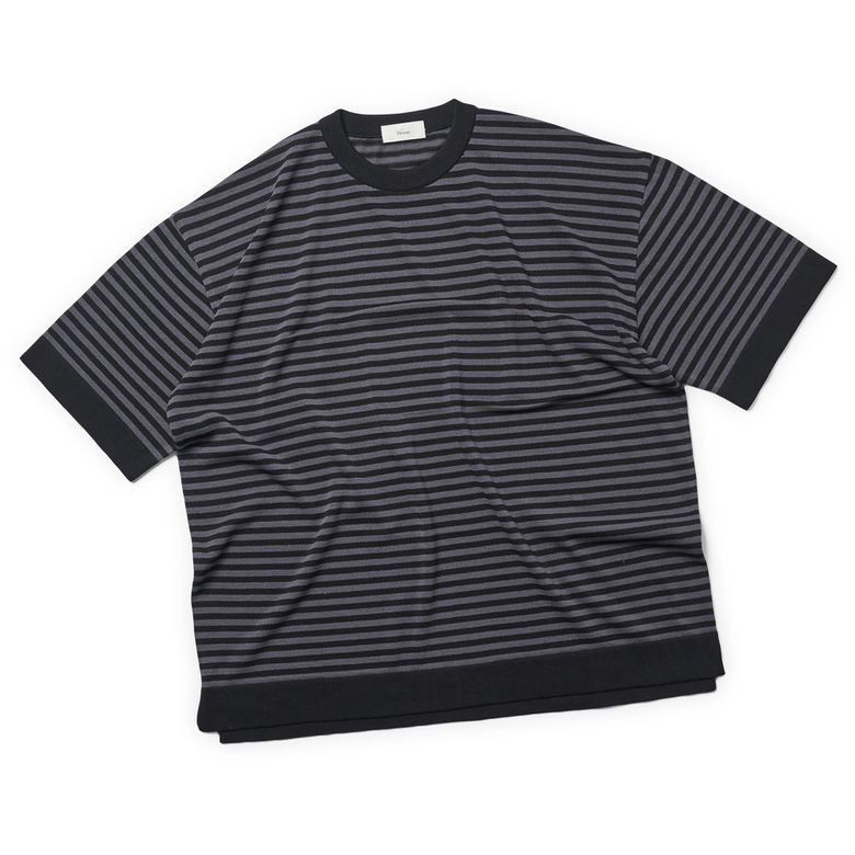 [Casual] Linen Like Short Sleeve Stripe Round Knit Black&Grey