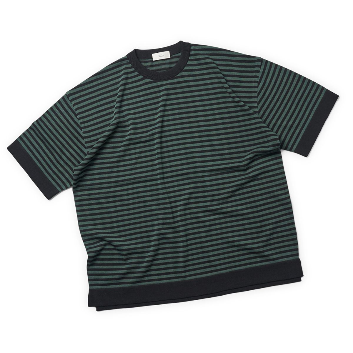 베르노(VERNO) [Casual] Linen Like Short Sleeve Stripe Round Knit Black&Green