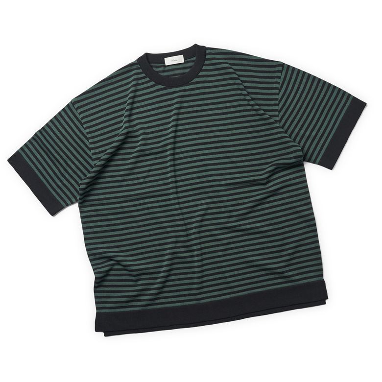 [Casual] Linen Like Short Sleeve Stripe Round Knit Black&Green