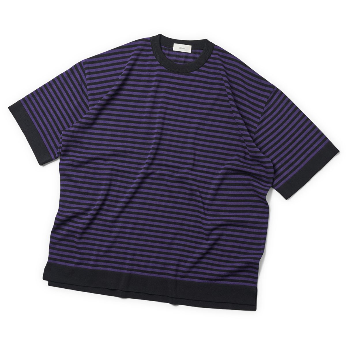 베르노(VERNO) [Casual] Linen Like Short Sleeve Stripe Round Knit Black&Pupple