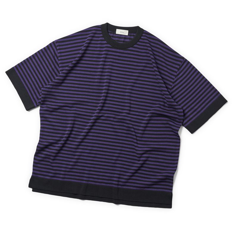 [Casual] Linen Like Short Sleeve Stripe Round Knit Black&Pupple