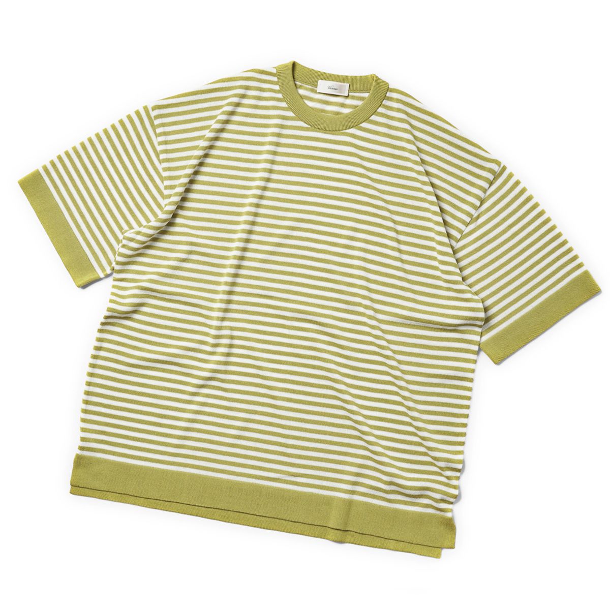 베르노(VERNO) [Casual] Linen Like Short Sleeve Stripe Round Knit Lime&White
