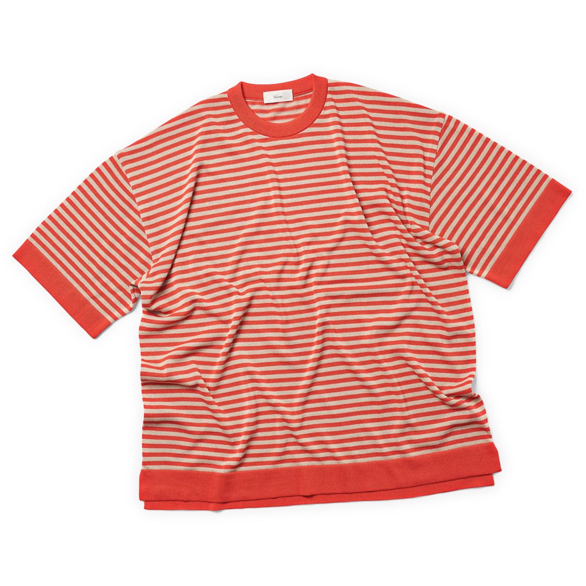 베르노(VERNO) [Casual] Linen Like Short Sleeve Stripe Round Knit Orange&Beige