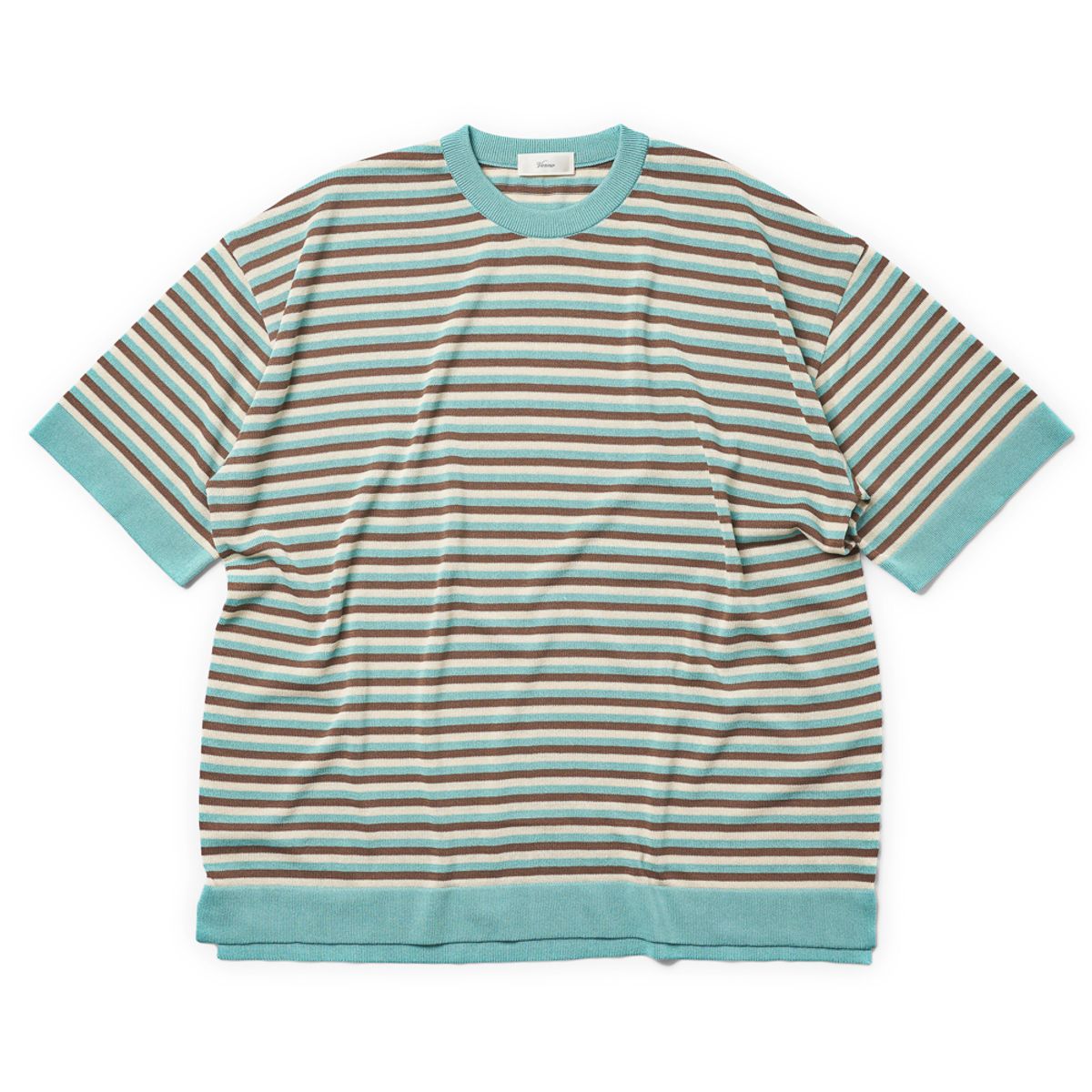베르노(VERNO) [Casual] Linen Like Short Sleeve Stripe Round Knit Sky blue&Brown&beige