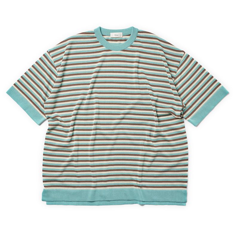 [Casual] Linen Like Short Sleeve Stripe Round Knit Sky blue&Brown&beige