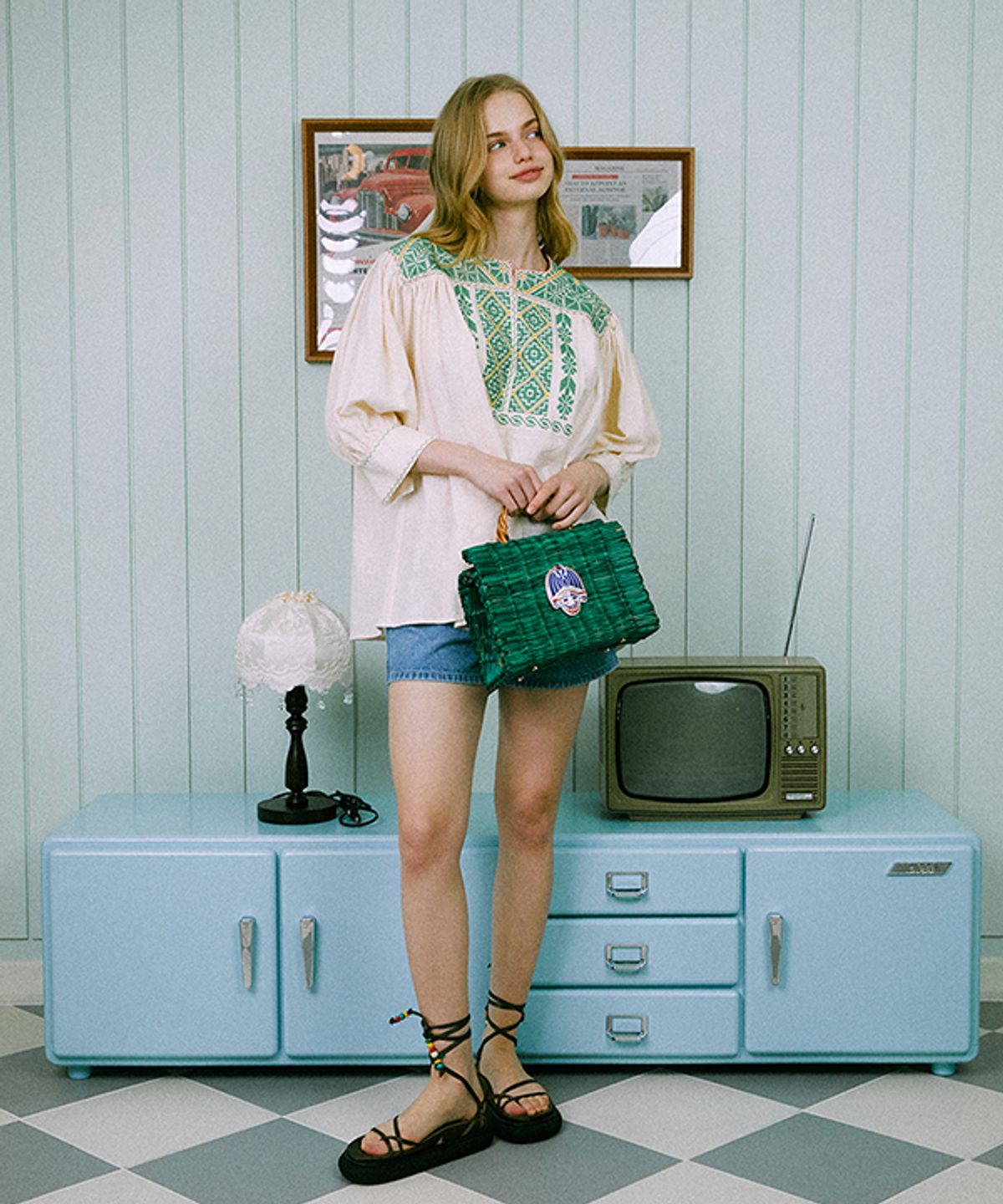 그린버터(GREENBUTTER) Bohemian Needlework Linen Blouse (Green)