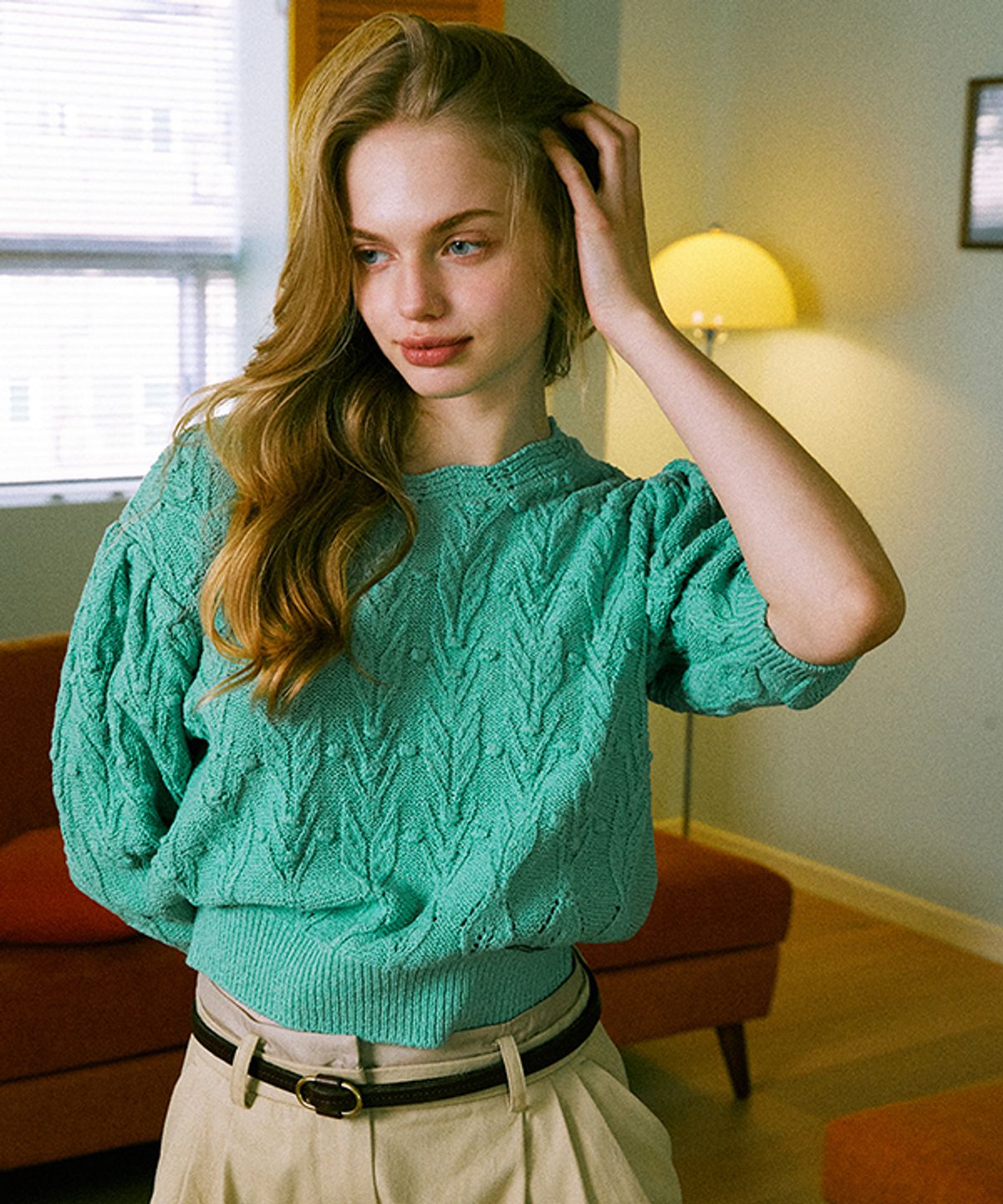 그린버터(GREENBUTTER) Wave Pom Pom Round Knit (Mint)