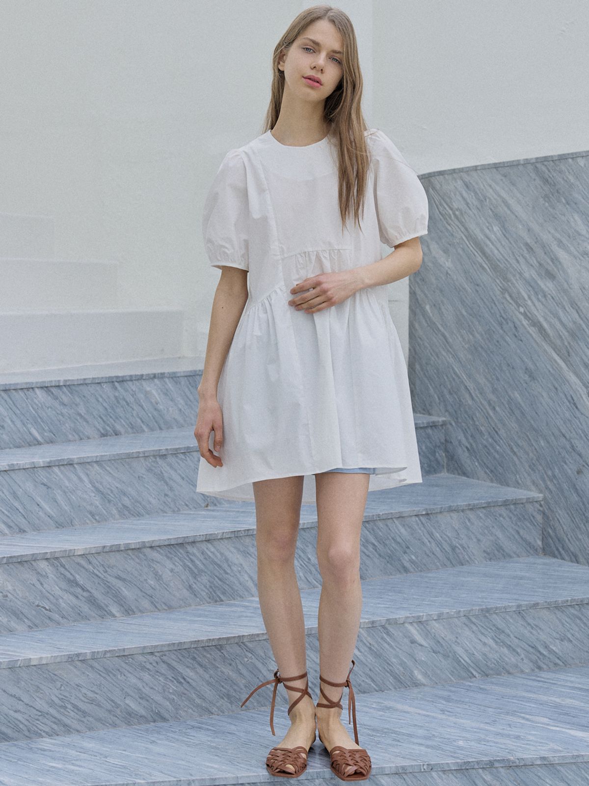 아방(AVANT-G) Puff Shirring Mini Dress - IVORY